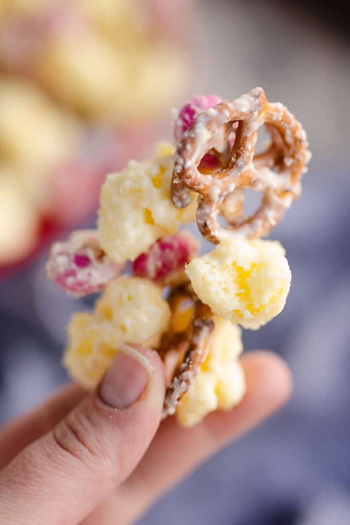 Sweet & Salty Puffcorn Snack Mix cluster of white chocolate dessert
