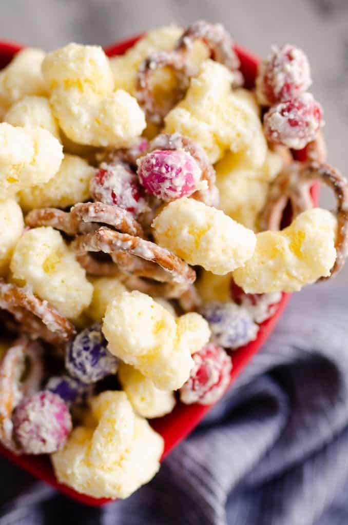 Sweet & Salty Puffcorn Snack Mix in valentine bowl