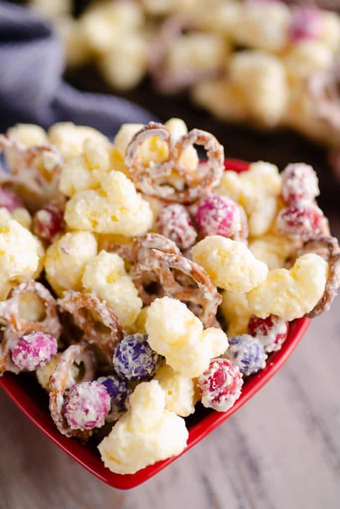 Sweet & Salty Puffcorn Snack Mix in served heart container