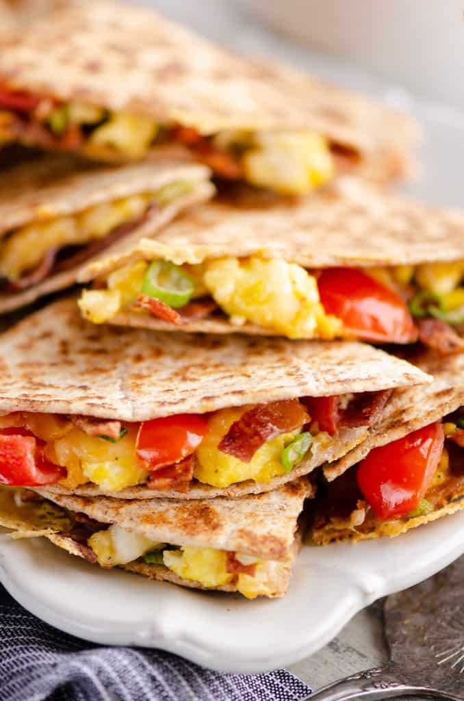 Turkey Bacon Breakfast Quesadilla stacked for brunch