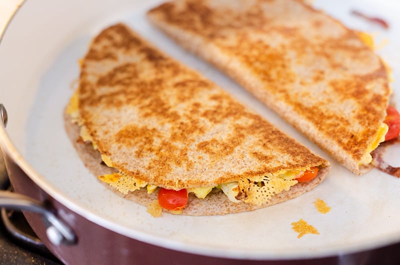 Turkey Bacon Breakfast Quesadilla cooking in skillet