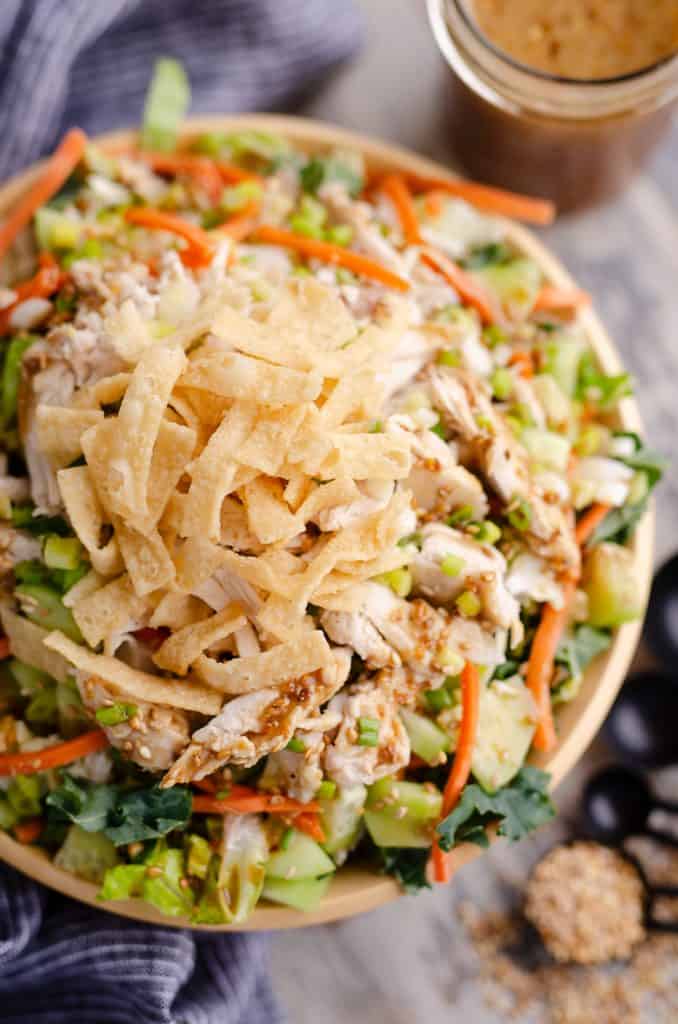 Asian Toasted Sesame Chicken Salad topped with wonton strips