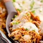 Buffalo Chicken Quinoa Bake scooped from casserole