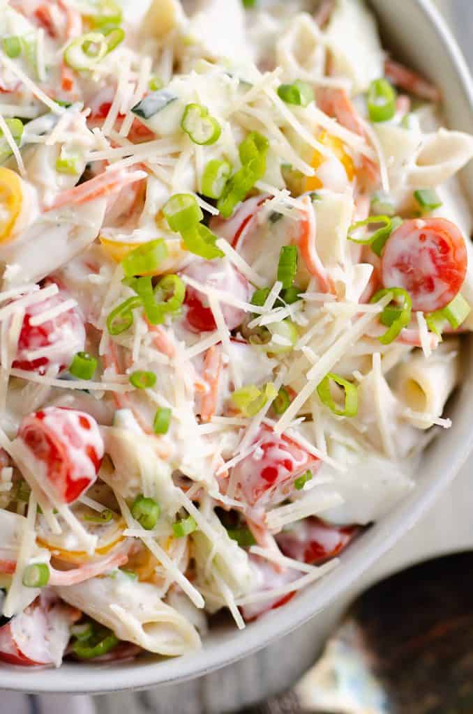 Light Parmesan Ranch Pasta Salad in serving bowl