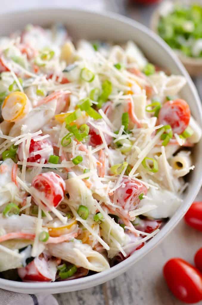 Light Parmesan Ranch Pasta Salad served in bowl