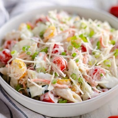 Light Parmesan Ranch Pasta Salad side dish served in bowl