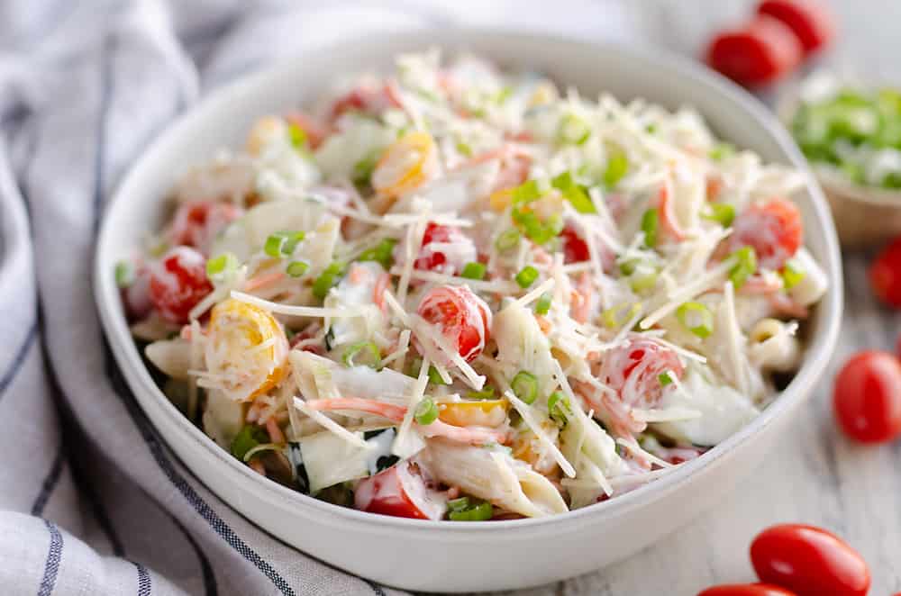 Light Parmesan Ranch Pasta Salad side dish served in bowl