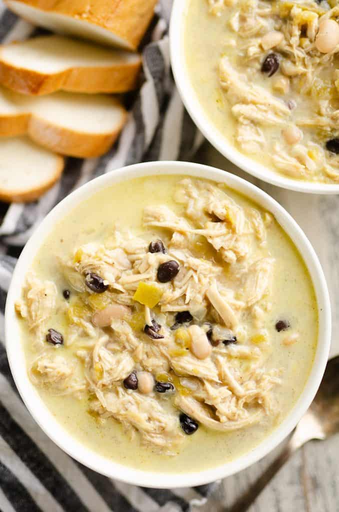 Healthy Pressure Cooker White Chicken Chili Soup served with bread