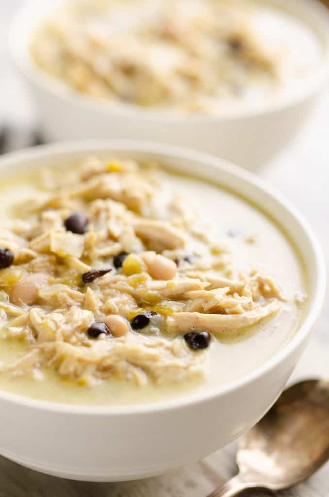 Healthy Pressure Cooker White Chicken Chili Soup serving in bowl