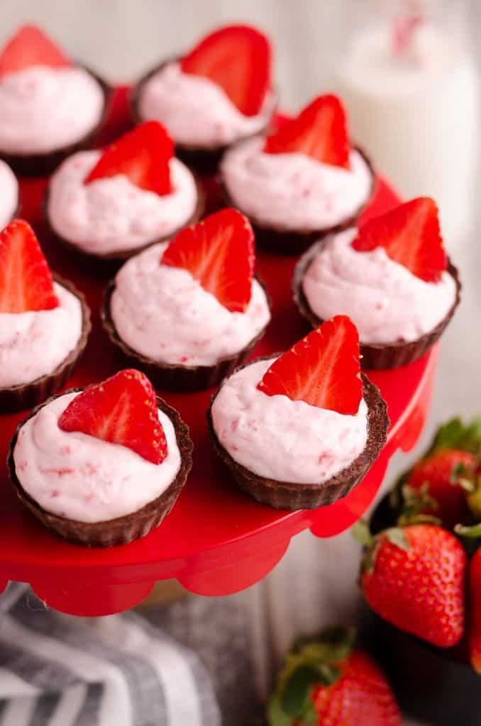 Strawberry Dark Chocolate Dessert Cups served on tray