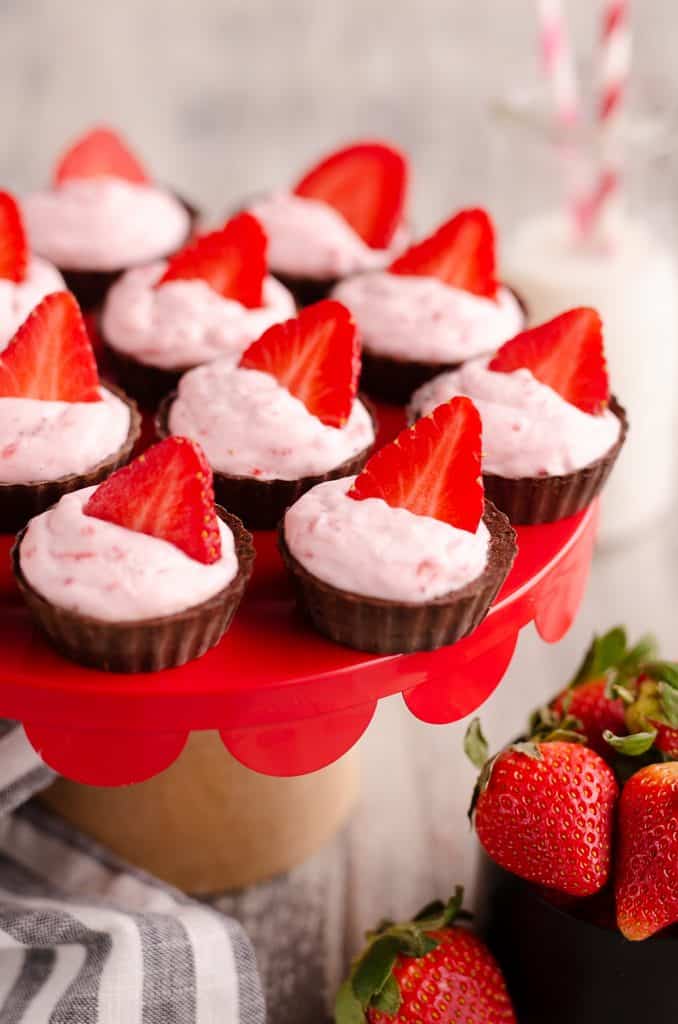 Strawberry Dark Chocolate Dessert Cups served on dessert table