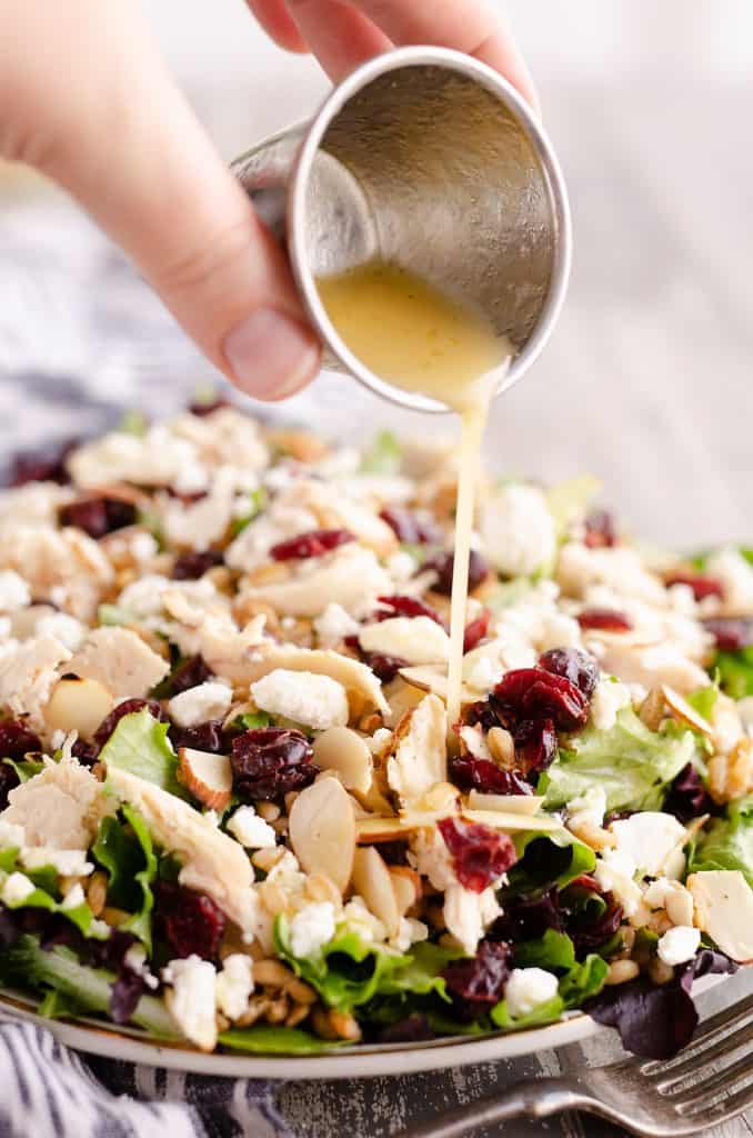 Cranberry Farro Chicken Salad with apple cider vinaigrette poured over plate
