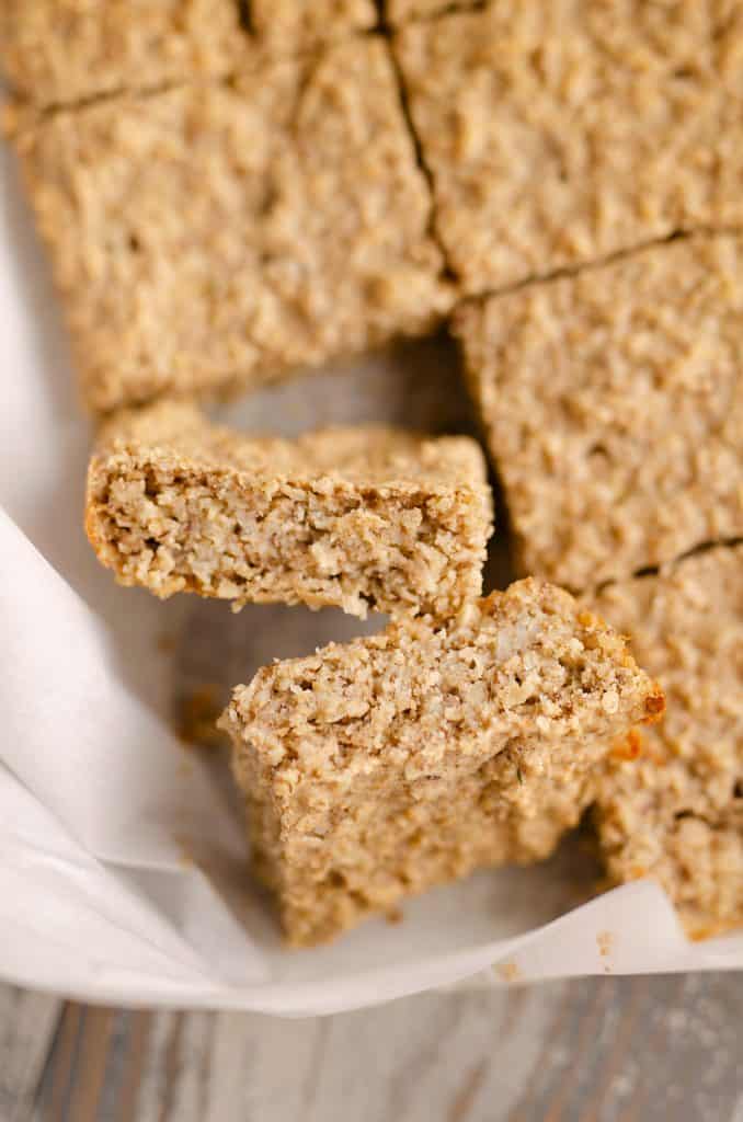 Kids No Sugar Peanut Butter Banana Oatmeal Bars cut up in pan