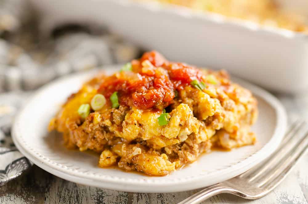 Light Mexican Breakfast Casserole topped with salsa