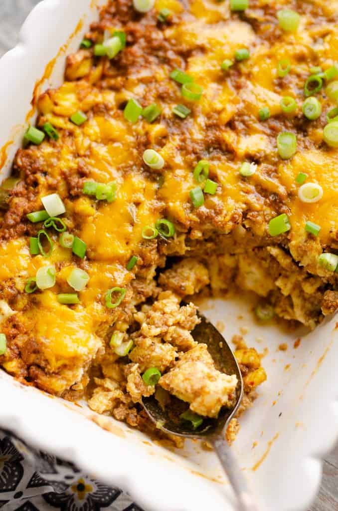 Light Mexican Breakfast Casserole served from dish