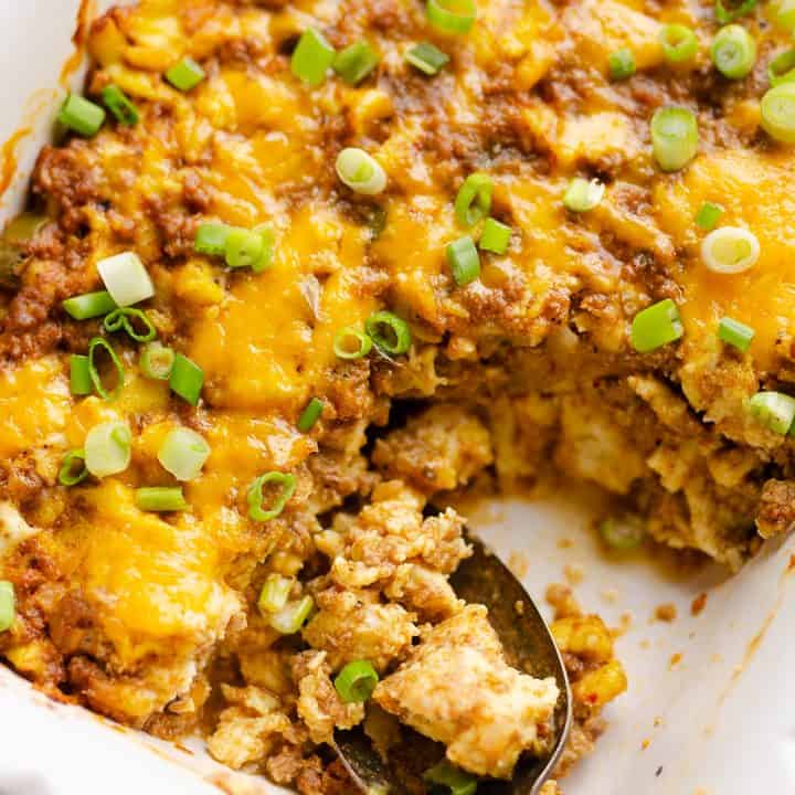 Light Mexican Breakfast Casserole served from dish
