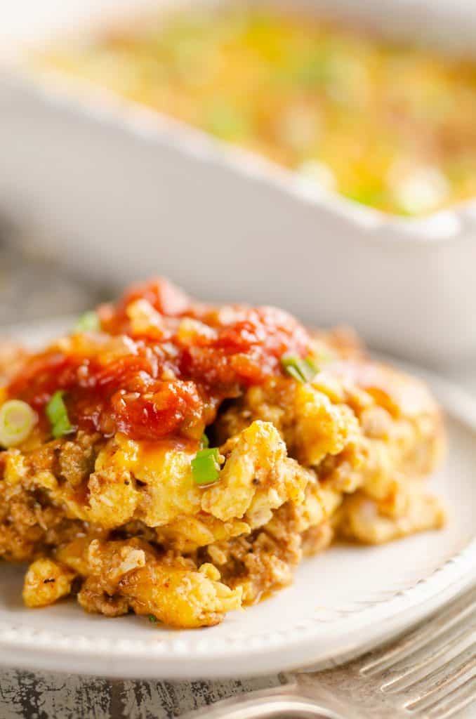 Light Mexican Breakfast Casserole served on brunch plate with salsa