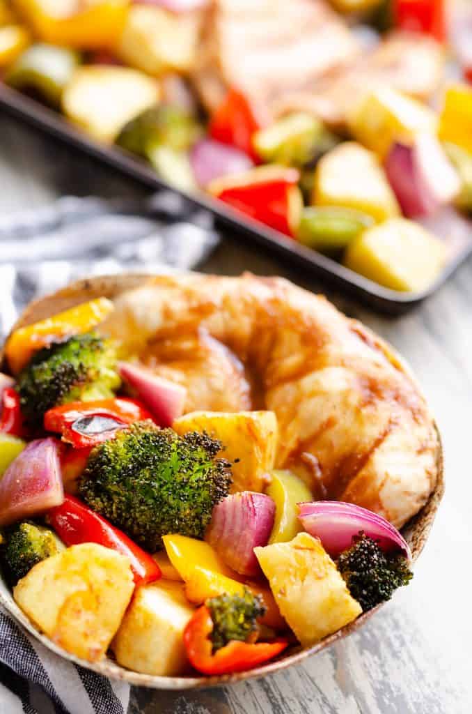 Pineapple Teriyaki Chicken Sheet Pan Recipe served in a bowl