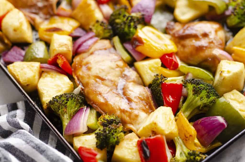 Pineapple Teriyaki Chicken Sheet Pan Recipe on cookie sheet