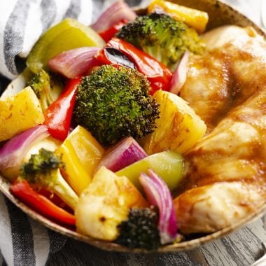 Pineapple Teriyaki Chicken Sheet Pan Recipe served in a bowl