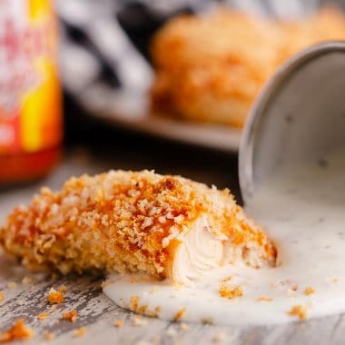 Air Fryer Buffalo Chicken Strips with ranch sauce
