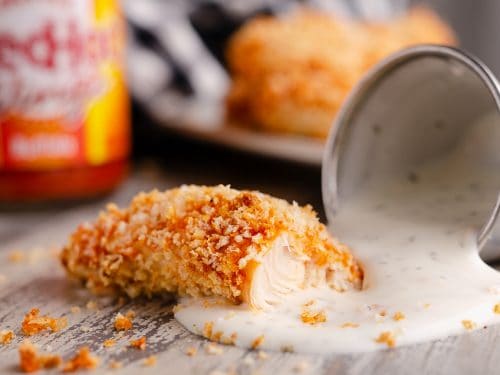 Air Fryer Buffalo Chicken Strips with ranch sauce