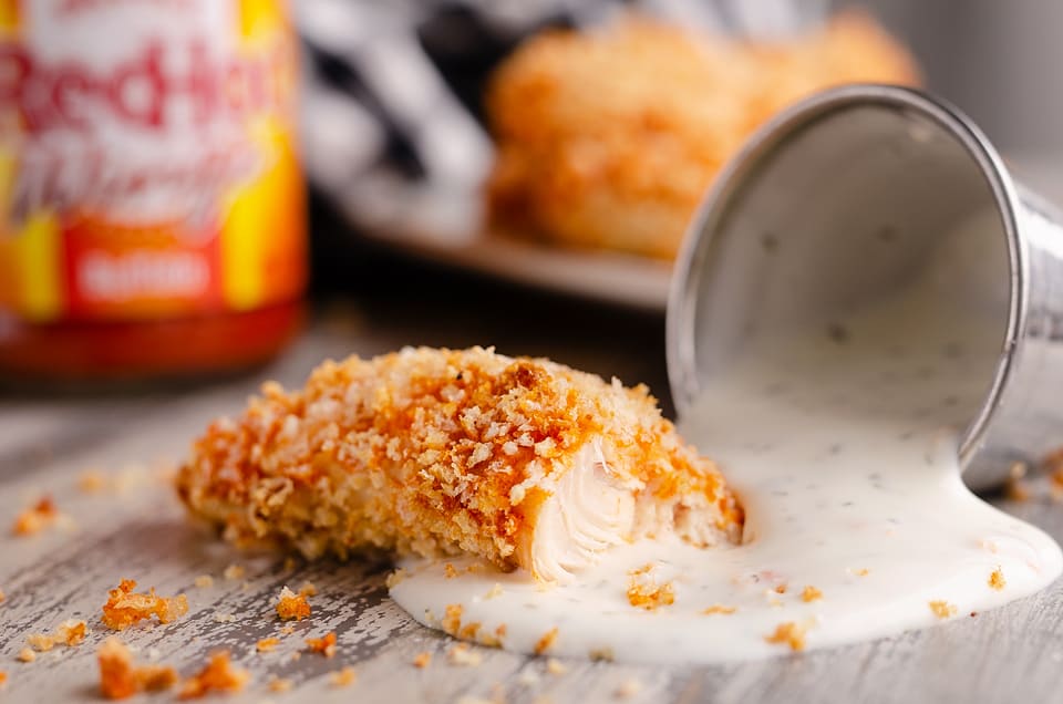 Air Fryer Buffalo Chicken Strips with ranch sauce