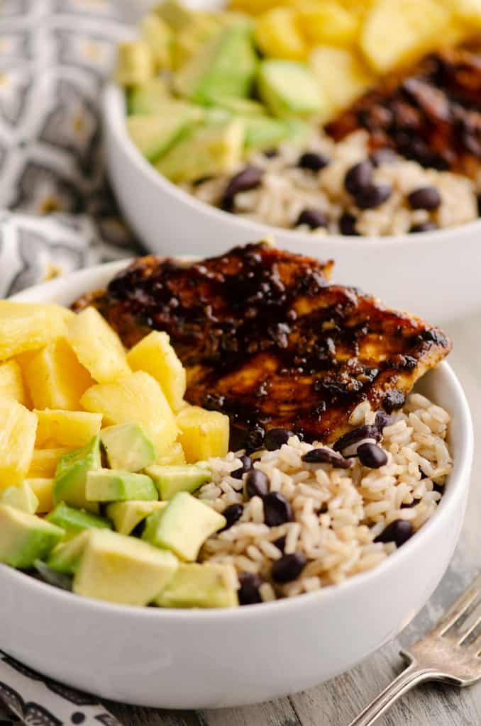 Cuban Chicken Rice Bowl served in two bowls