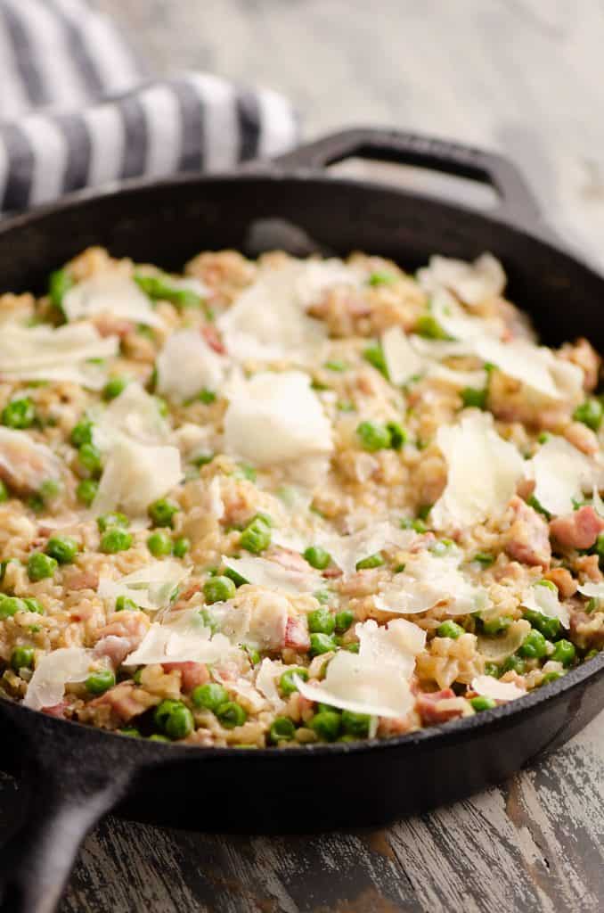 One Pot Cheesy Ham & Rice Skillet Recipe prepared in cast iron pan