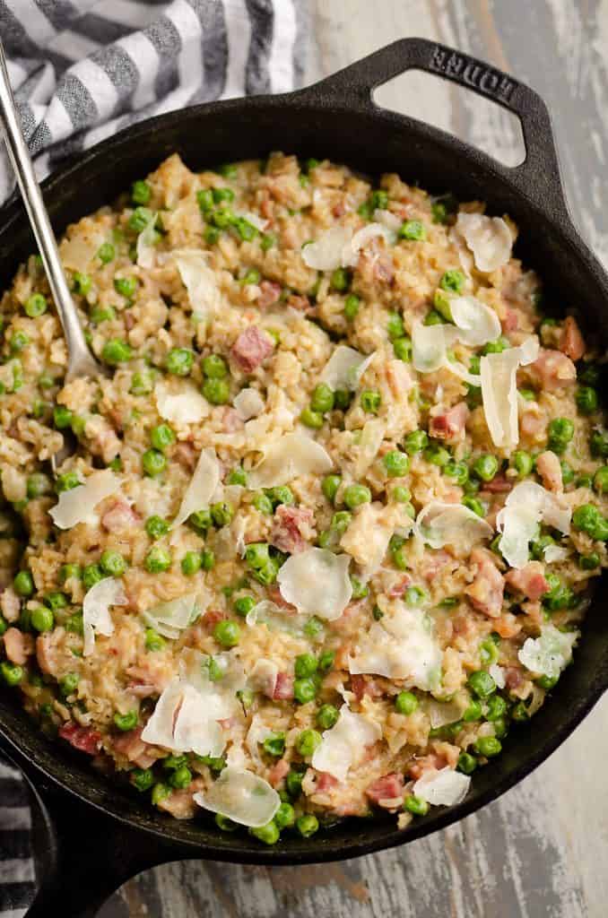 One Pot Cheesy Ham & Rice Skillet Recipe in cast iron pan