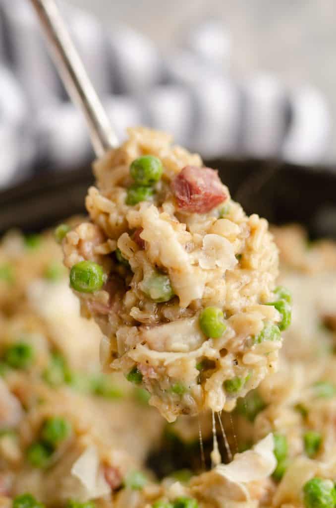 One Pot Cheesy Ham & Rice Skillet Recipe served from pan