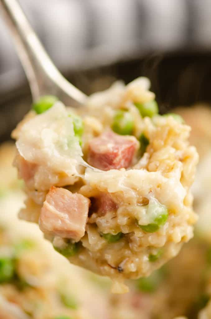 One Pot Cheesy Ham & Rice Skillet Recipe served on spoon