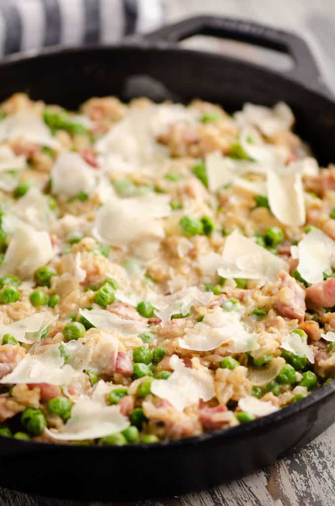 One Pot Cheesy Ham & Rice Skillet Recipe made in cast iron skillet