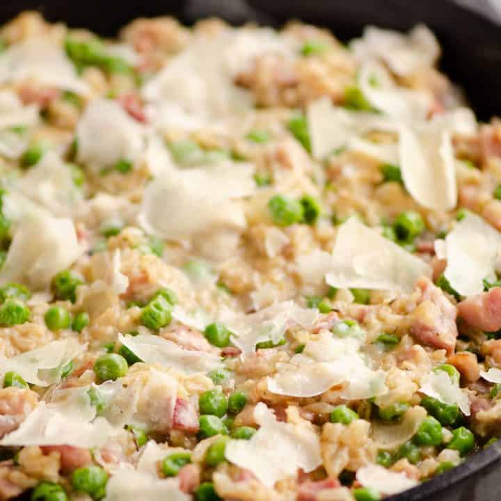 One Pot Cheesy Ham & Rice Skillet Recipe made in cast iron skillet