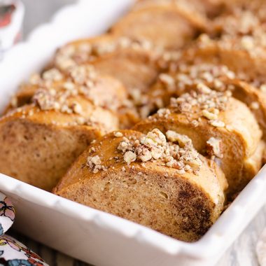 Cinnamon Pecan Overnight French Toast Casserole baked in pan