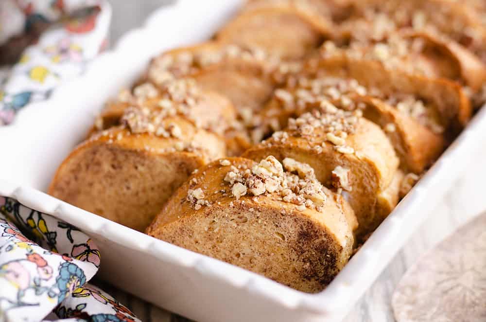 Cinnamon Pecan Overnight French Toast Casserole baked in pan