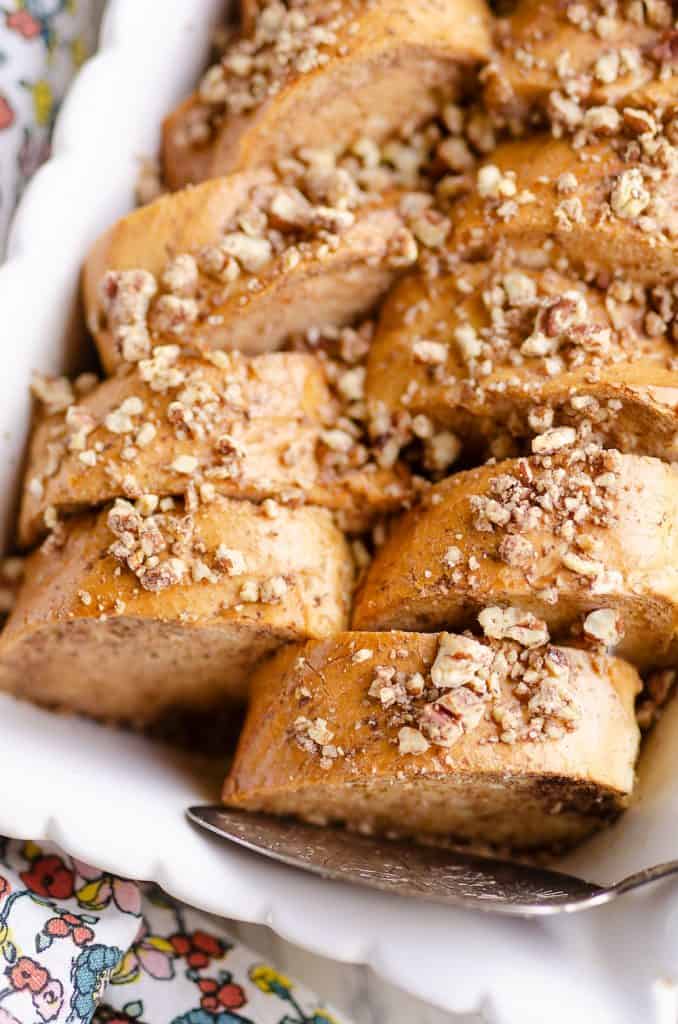 Cinnamon Pecan Overnight French Toast Casserole topped with chopped pecan