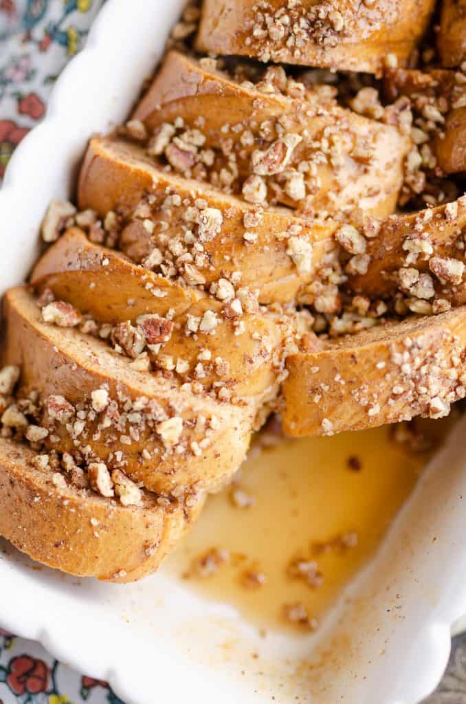 Cinnamon Pecan Overnight French Toast Casserole slices missing from pan