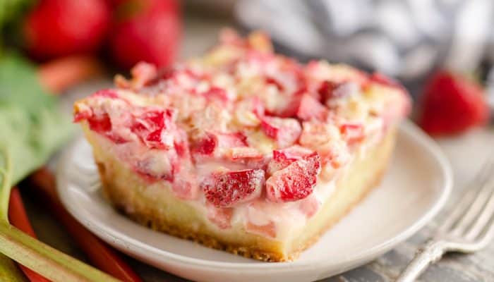 Strawberry Rhubarb Custard Dessert slice on plate