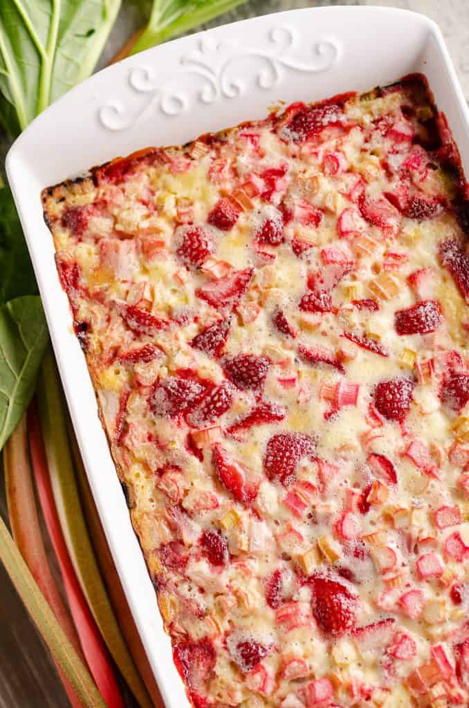 Strawberry Rhubarb Custard Dessert baked in 9x13 pan