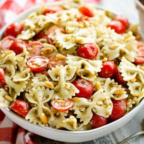 Fresh Tomato Pesto Pasta Salad served on dinner table