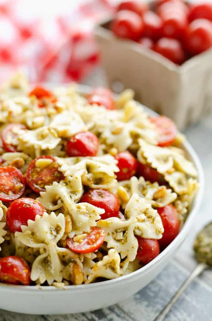 Fresh Tomato Pesto Pasta Salad served in large bowl