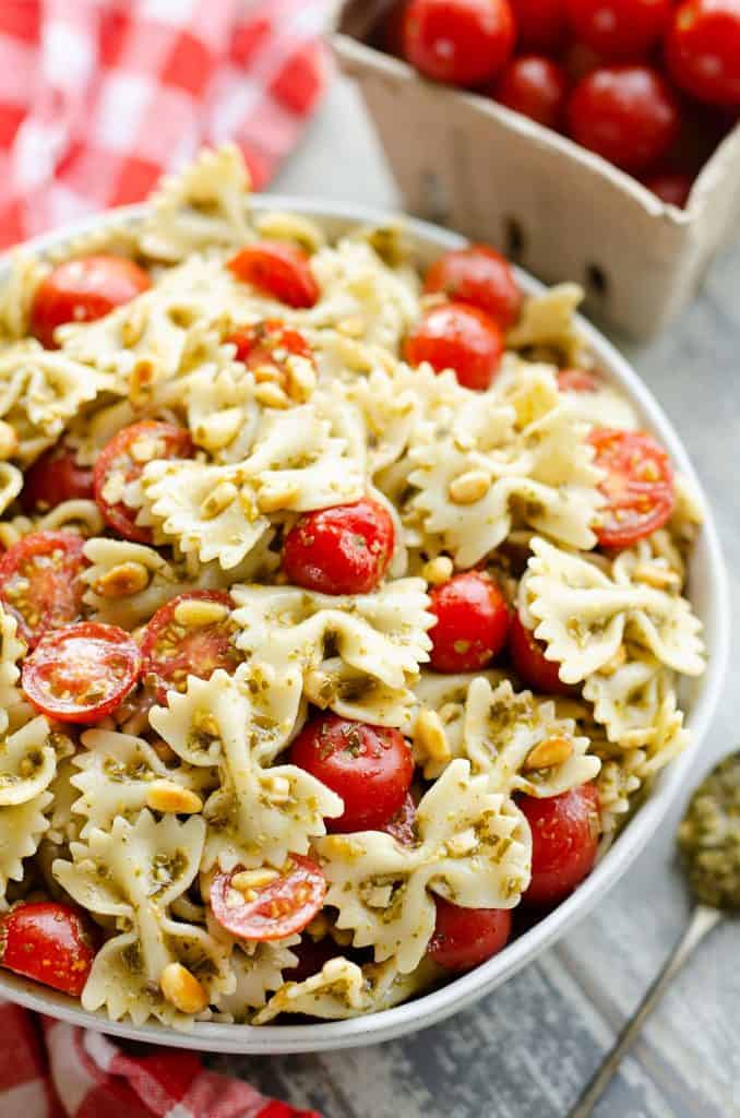 Fresh Tomato Pesto Pasta Salad in large serving bowl