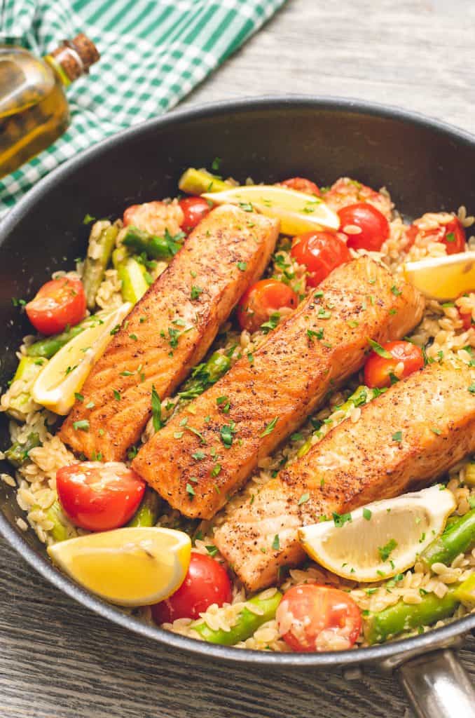 Lemon Salmon Orzo Skillet