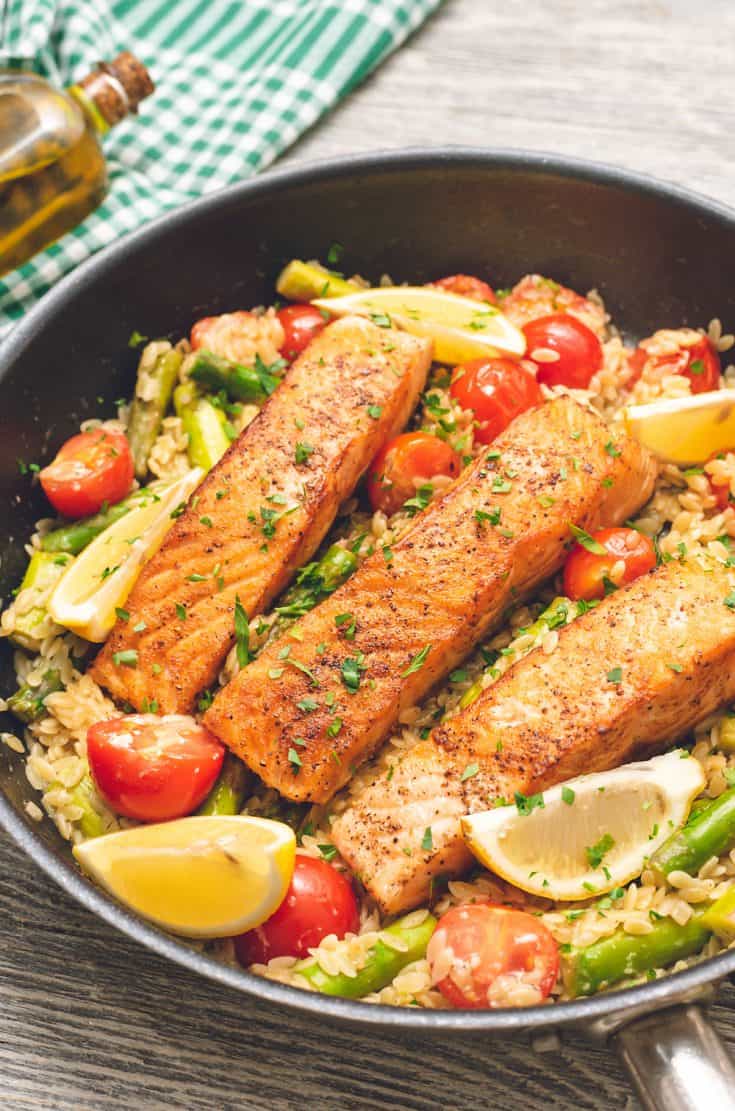 Lemon Salmon Orzo Skillet