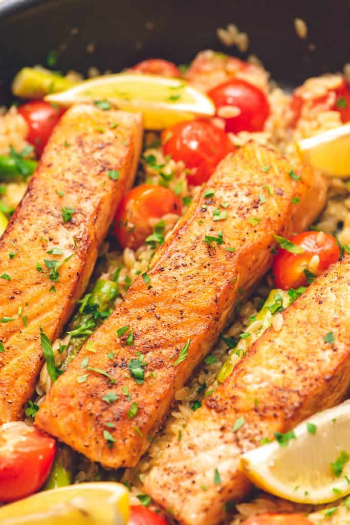 Lemon Salmon Orzo Skillet