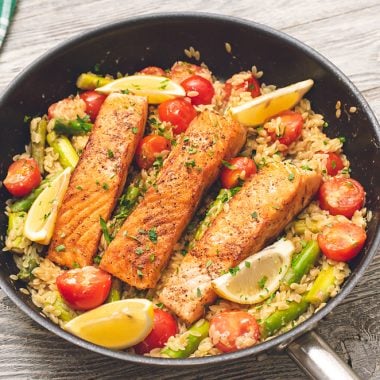 Lemon Salmon Orzo Skillet on table