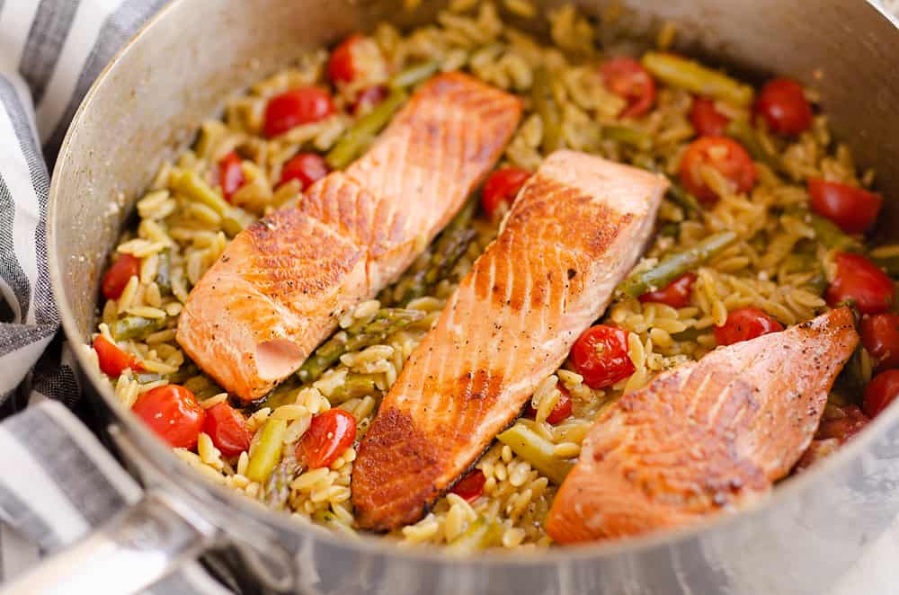 Lemon Salmon Orzo Skillet in pan