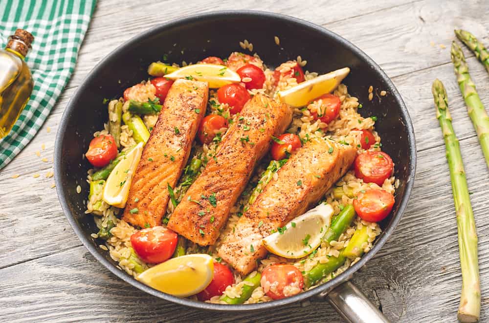 Lemon Salmon Orzo Skillet on table