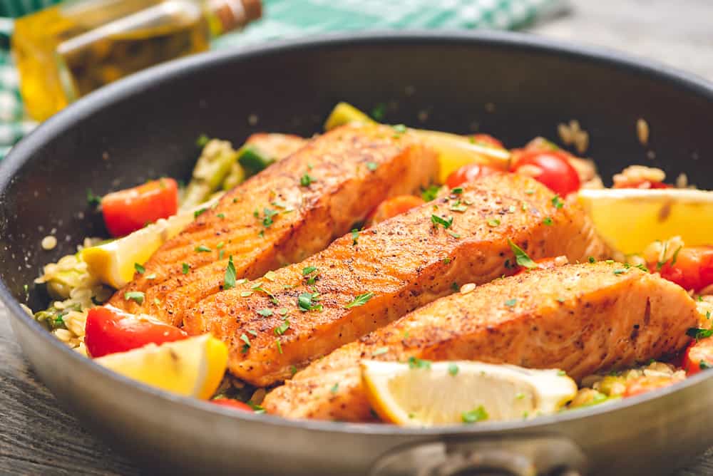 Lemon Salmon Orzo Skillet on pan